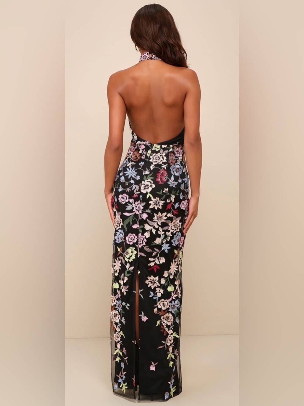 Lulu's Infinite Praise Black 3D Floral Embroidered Halter Maxi Dress NWT Size L - Picture 9 of 9